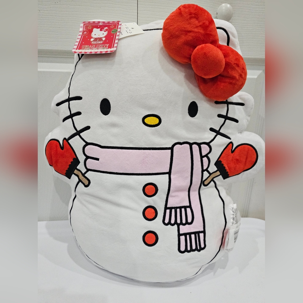 Cute Large Hello Kitty White Christmas Snowman Winter Holiday Seasonal Pillow - Picture 1 of 10
